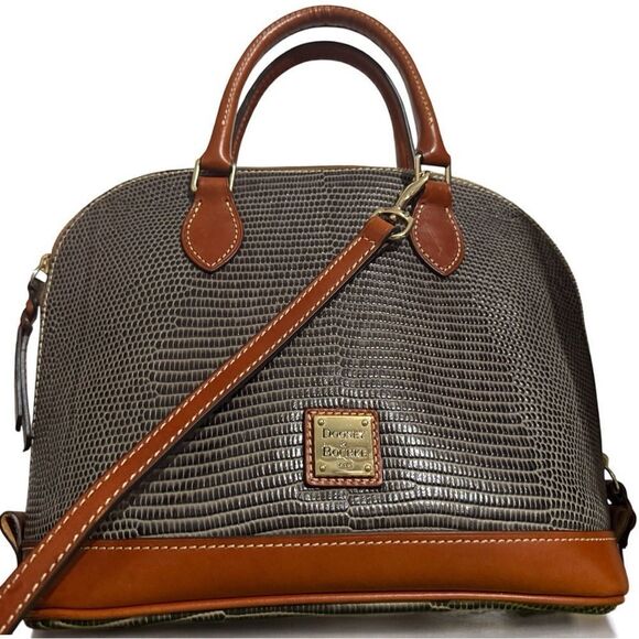Dooney & Bourke Lizard Embossed Satchel Gray Brown Bag w/ Strap 12”x9” Like New - Picture 7 of 17